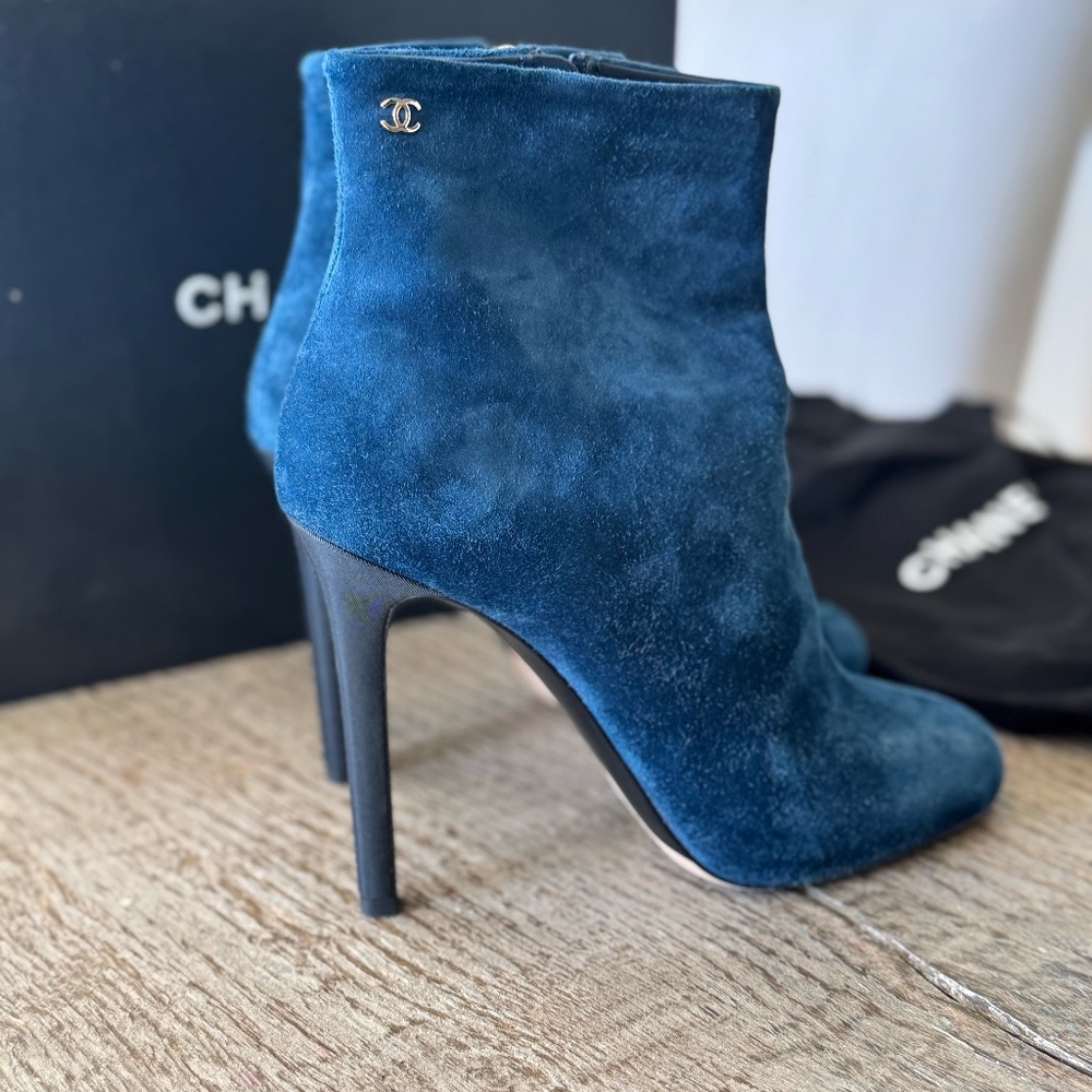 CHANEL Suede Calfskin Short Boots 39.5 Dark Blue